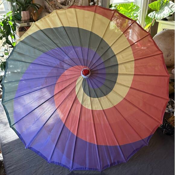Traditional Vintage Japanese umbrella whirlpool 22” wood handle rainbow Chinese - Picture 4 of 16